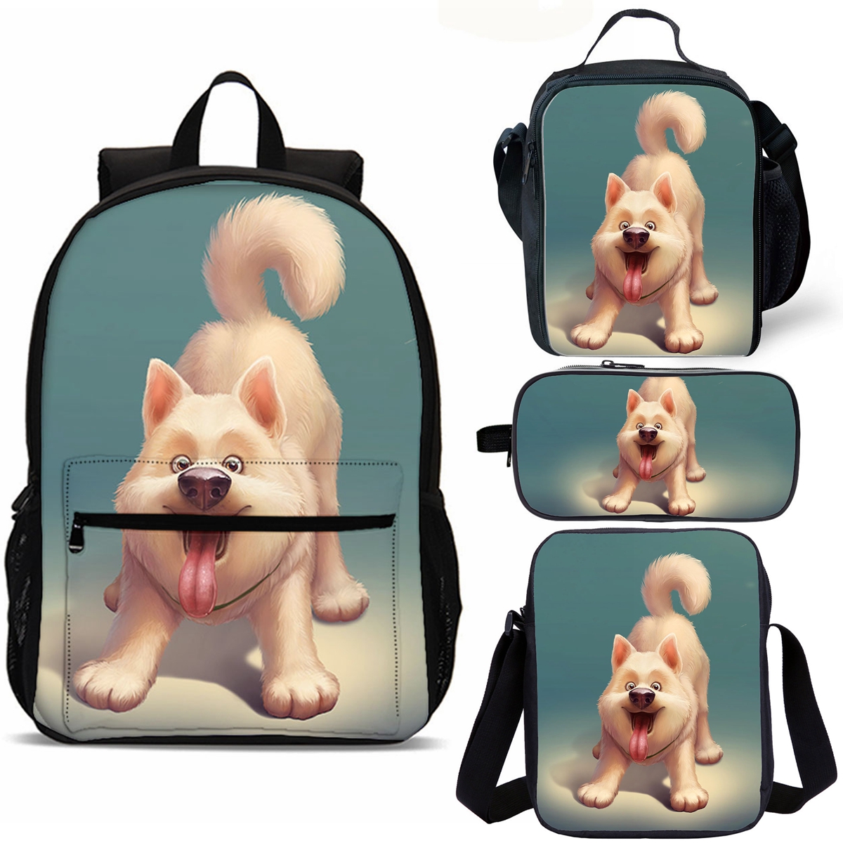 Trendy Husky Dog Print Kids School Merch 18" School Backpack Lunch Bag Shoulder Bag Pencil Case