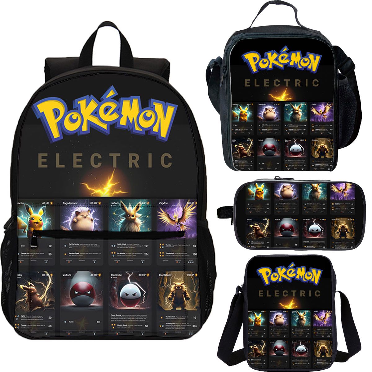 Pokemon School Merch 4 Pieces Combo 18" School Backpack Lunch Bag Shoulder Bag Pencil Case