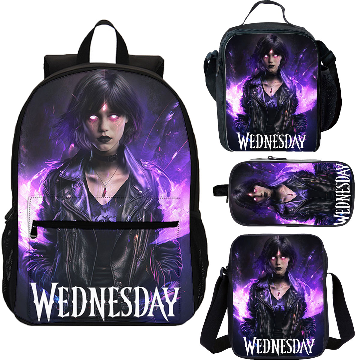 Wednesday Addams School Merch 18" School Backpack Lunch Bag Shoulder Bag Pencil Case