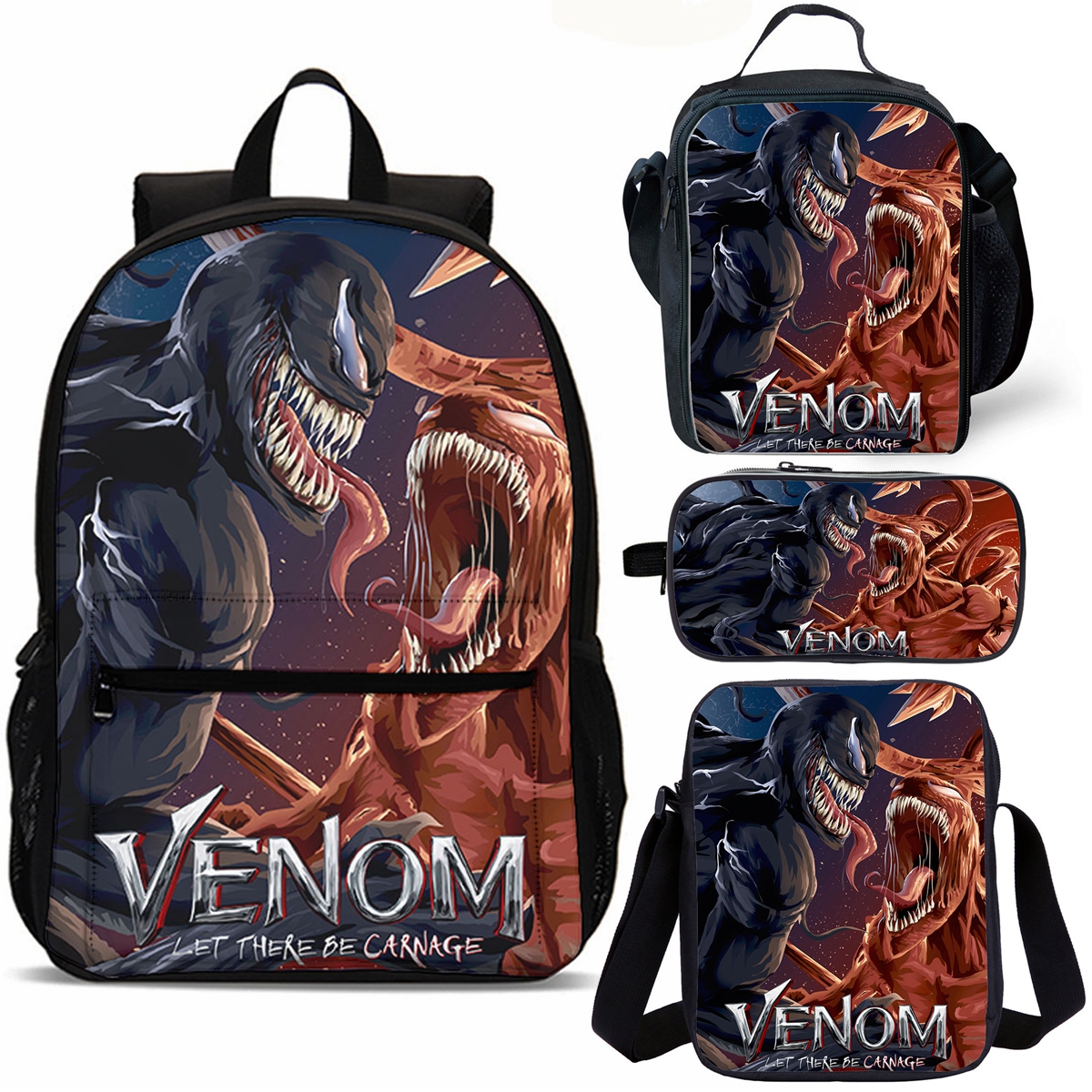 Venom School Merch 4 Pieces Combo 18" School Backpack Lunch Bag Shoulder Bag Pencil Case