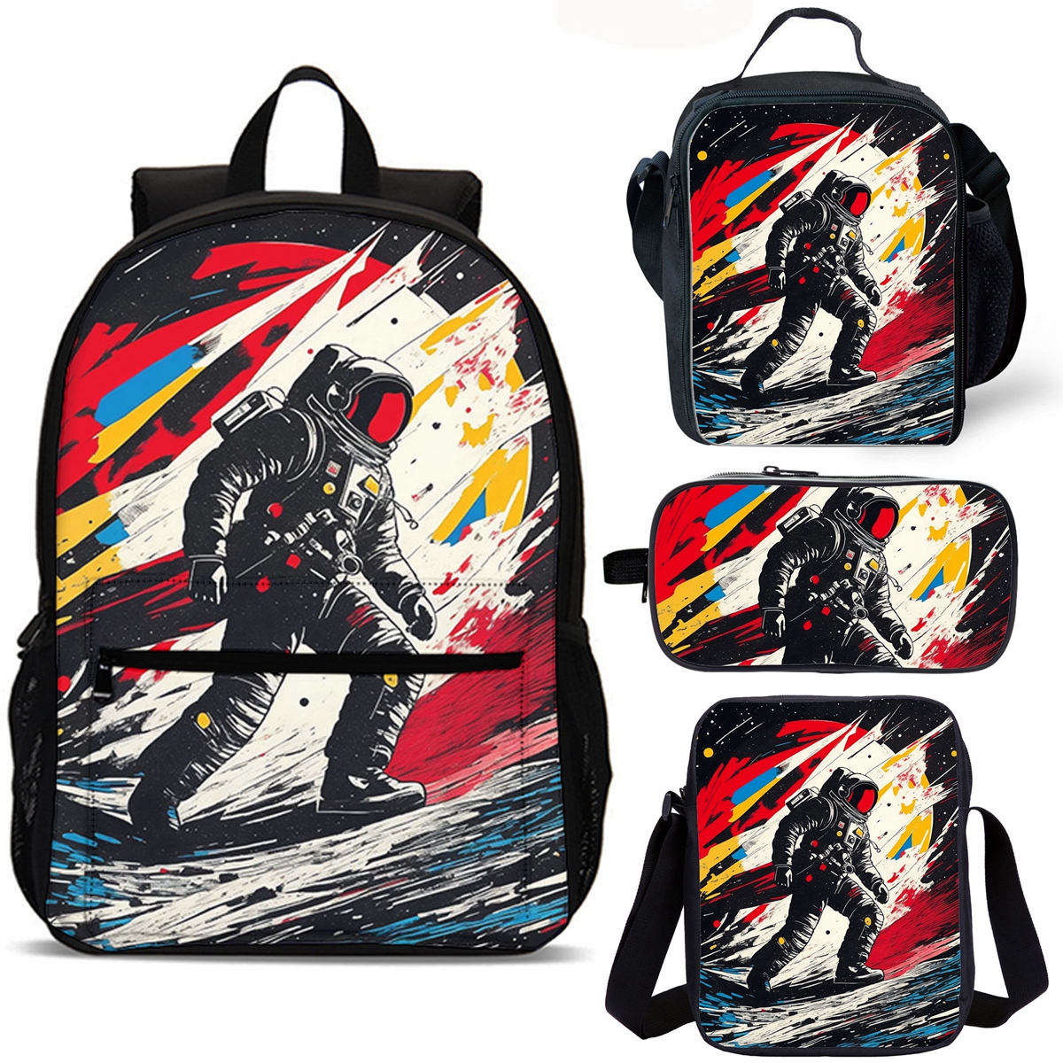Astronaut School Merch 4 Pieces Combo 18" School Backpack Lunch Bag Shoulder Bag Pencil Case