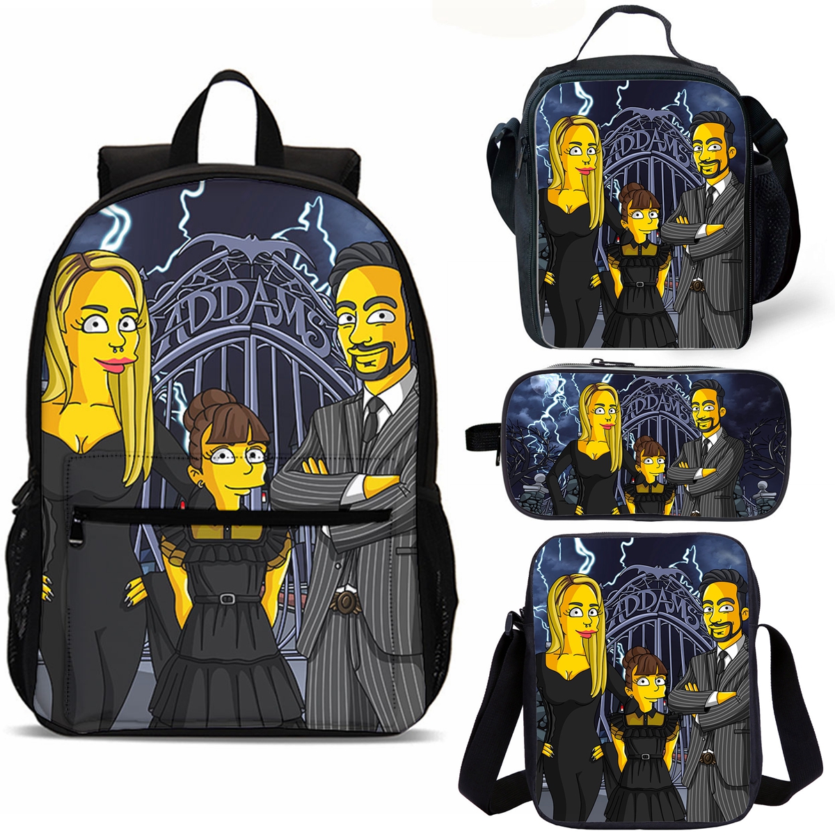 Simpsons Style Addams Family Wednesday School Merch 18" School Backpack Lunch Bag Shoulder Bag Pencil Case