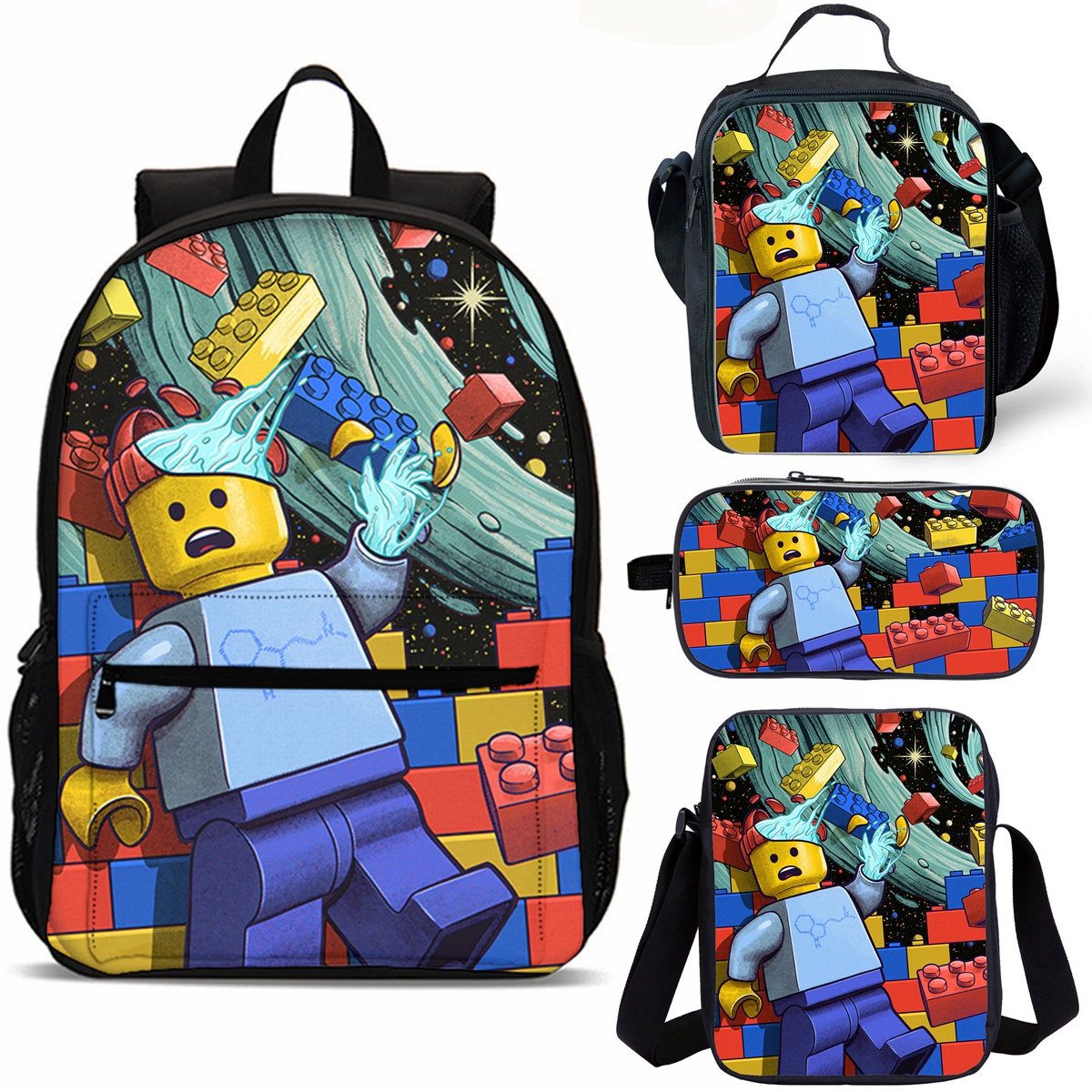 Plastic Bricks Toy Print Kids School Merch 18" School Backpack Lunch Bag Shoulder Bag Pencil Case