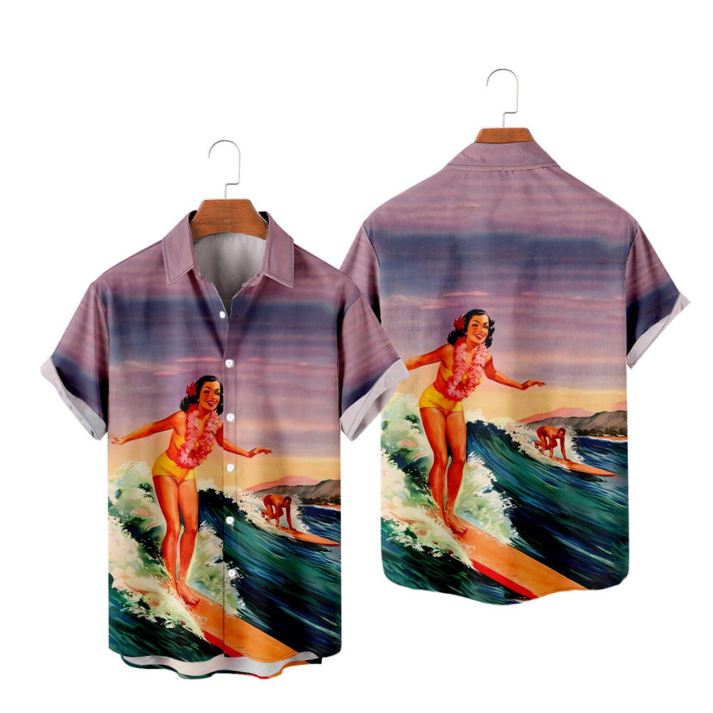 Summer Surfing Button Up Shirt Short Sleeves Straight Collar Beauty Surfing 