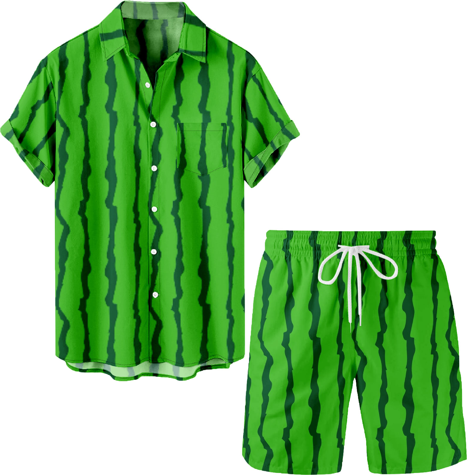 Green Striped Watermelon Button Up Shirt with Pockets and Beach Shorts Summer 2 Pieces Suit