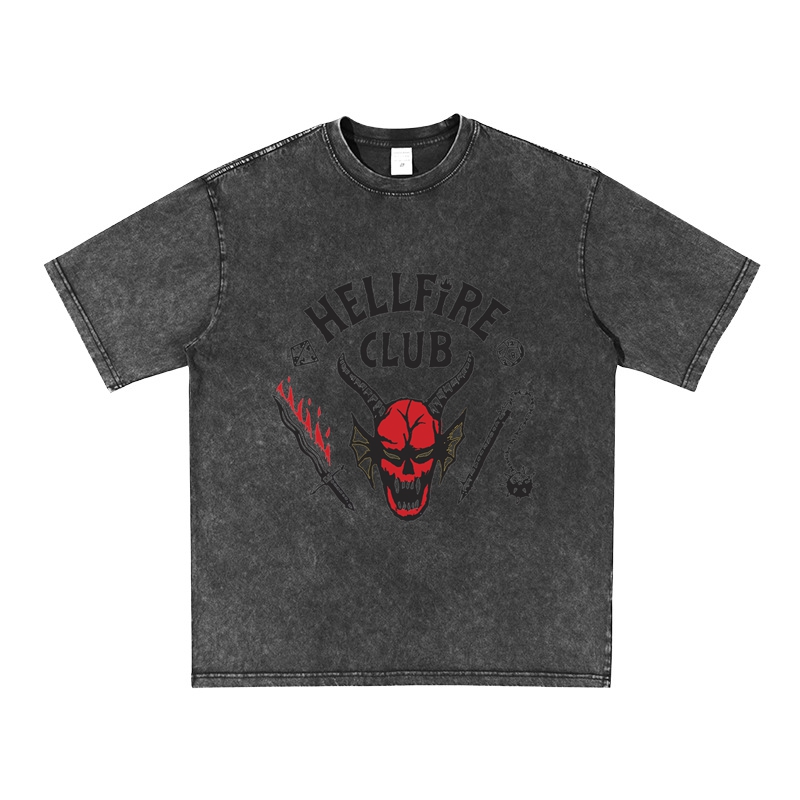 Hell Fire Club Short Sleeves T Shirt Washed Tee Oversized Drop Shoulder