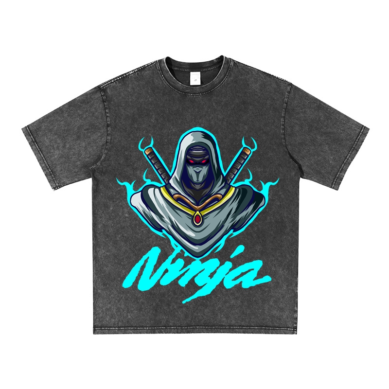 Ninja and Fire Vintage T Shirt Acid Wash Style Cotton Made Short Sleeves 