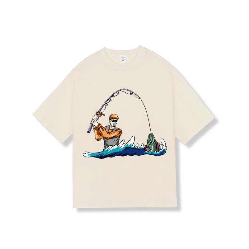 Men and Fish Graphic T Shirt Drop Shoulder Oversized Cotton Made Summer Tee