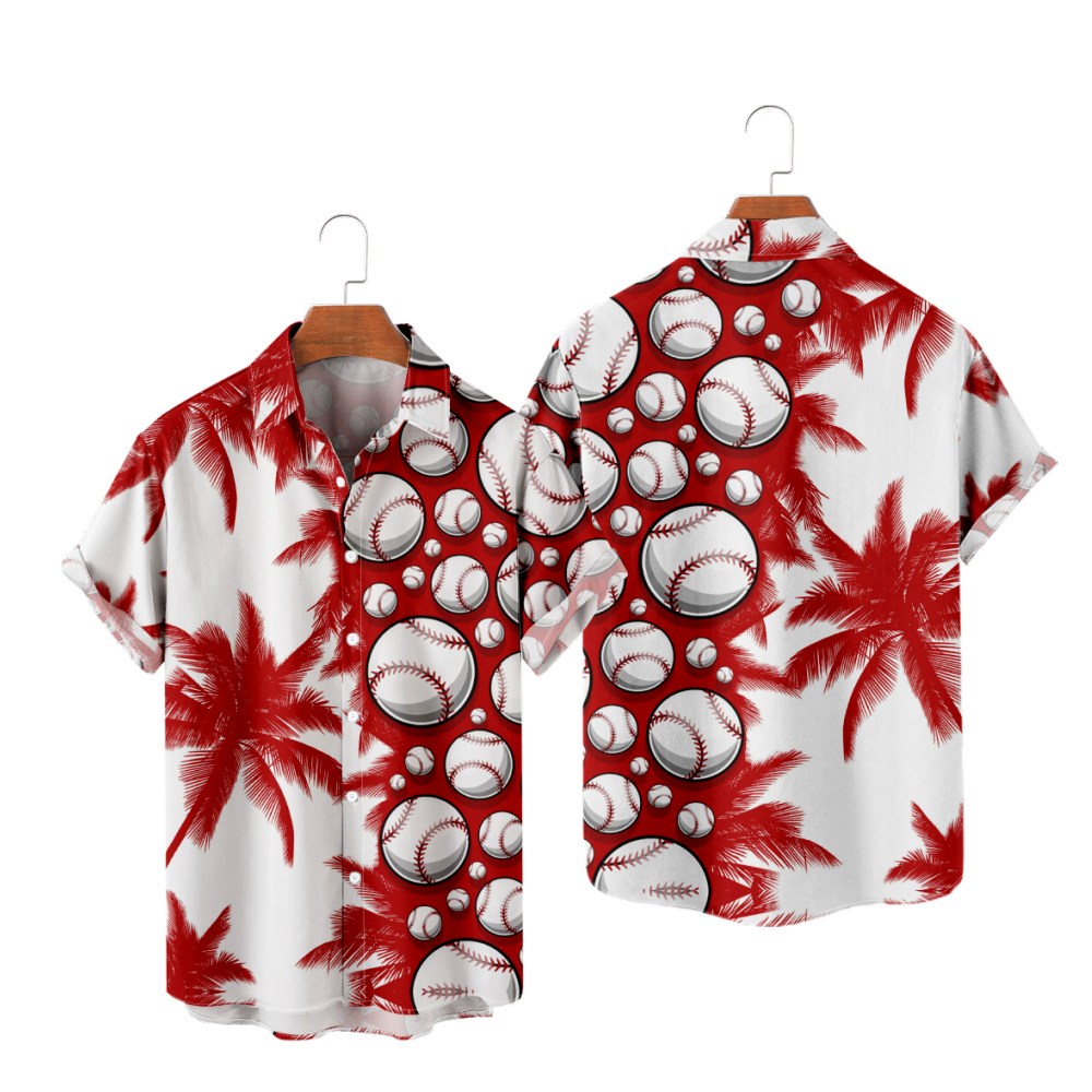 Baseball Button Up Shirt Palm Tree Graphic Print Red Short Sleeves Shirt Straight Collar
