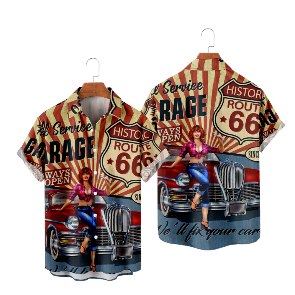 USA Route 66 Button Up Shirt Short Sleeves Straight Collar