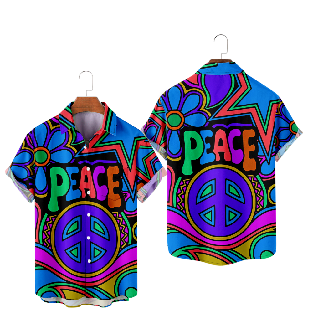 Peace Button Up Shirt uhoodie Short Sleeves Shirt with Pockets Straight Collar 