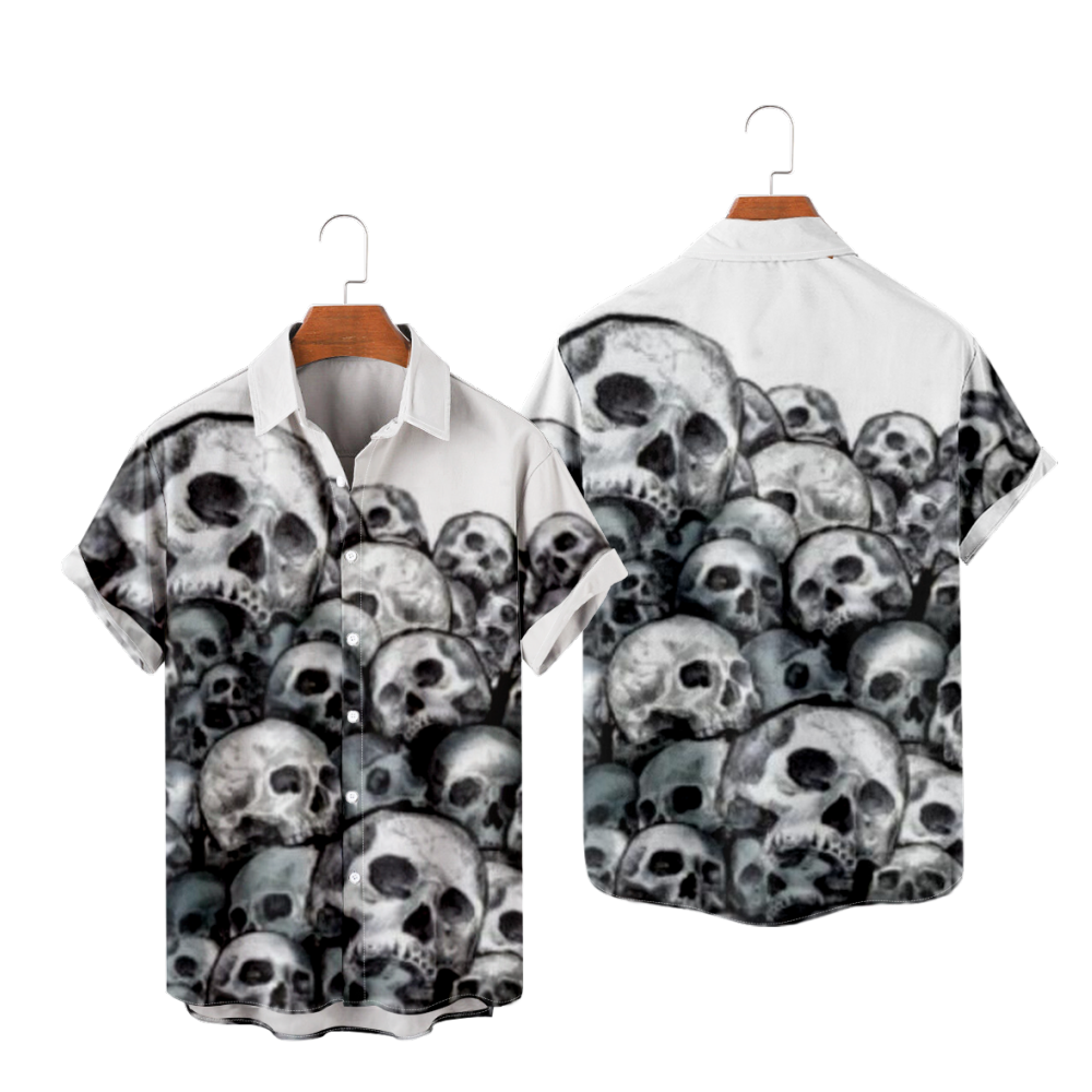 Skull Day Button Up Shirt uhoodie Black Short Sleeves Shirt Straight Collar 
