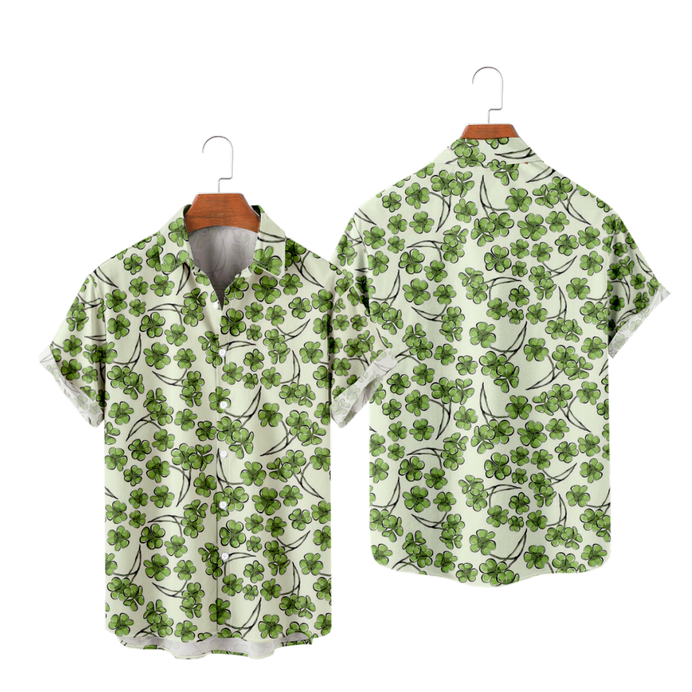 Four-Leaf Clover Button Up Shirt Green Short Sleeves Shirt with Pockets 