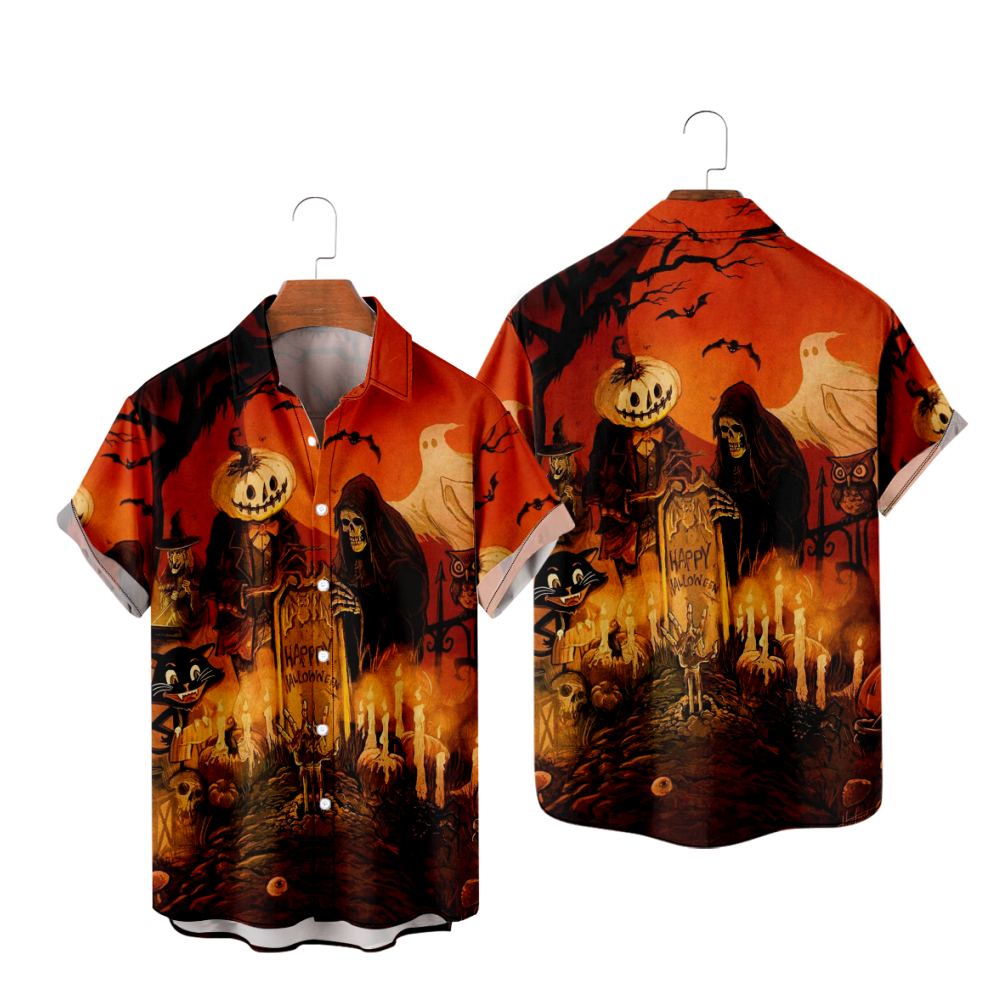 Halloween Ghost Button Up Shirt Short Sleeves Straight Collar Shirt with Pockets 