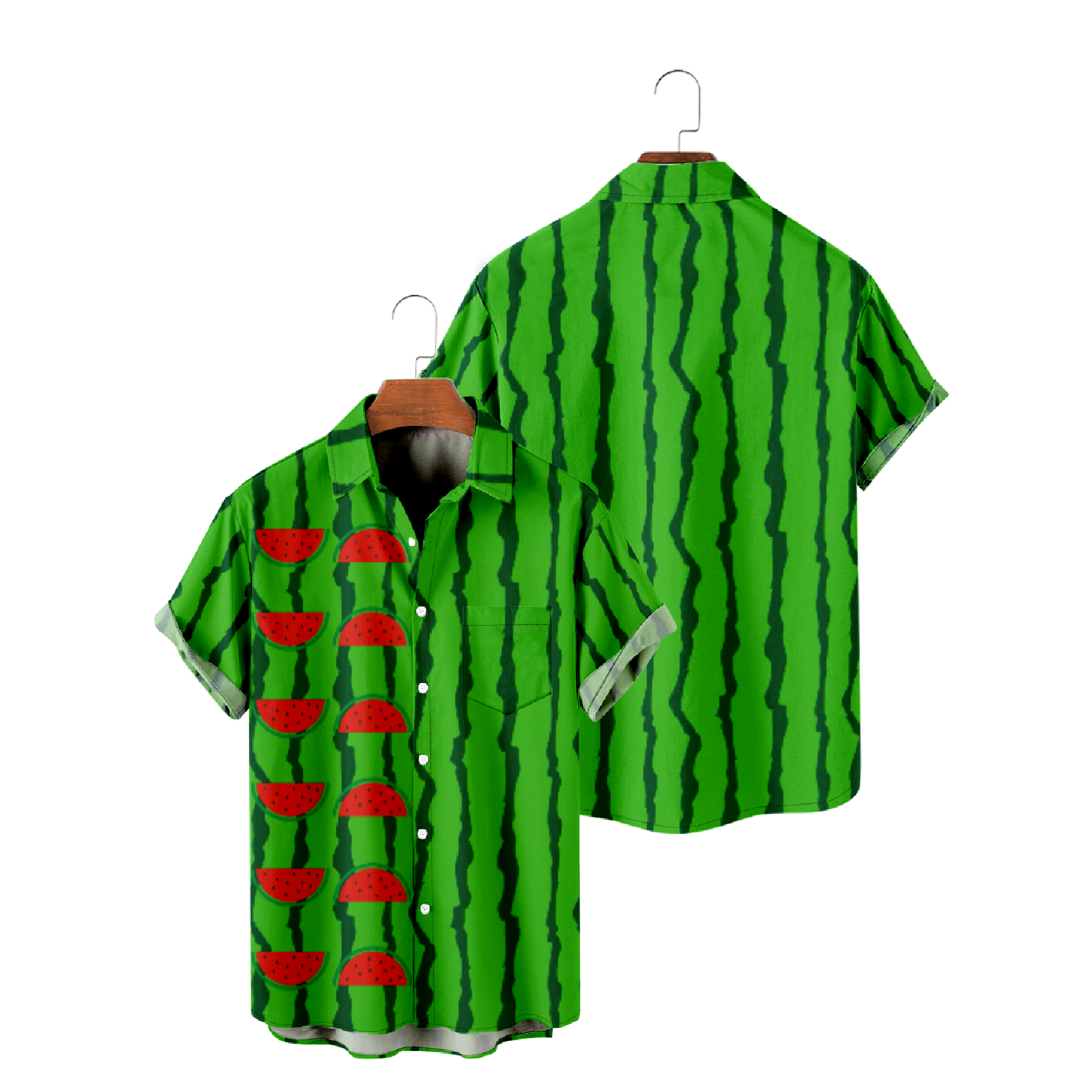 Green Striped Watermelon Button Up Shirt with Pockets Hawaiian Tropical Fruit Summer Short Sleeve Shirt