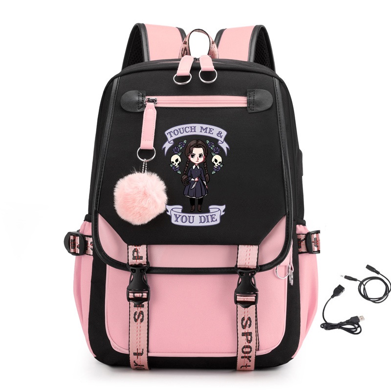 Wednesday Addams 17 inches Backpack with USB Charging Port Touch Me & You Die Graphic Print