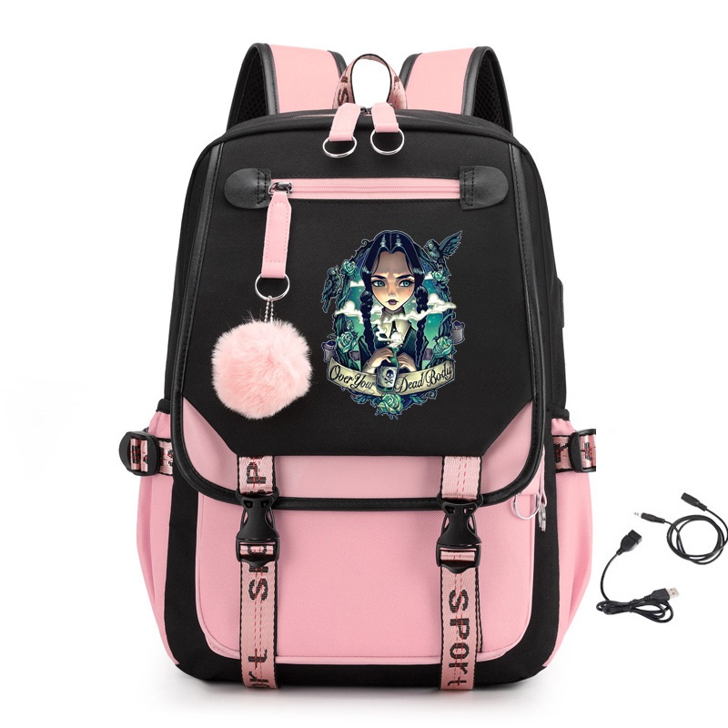 Wednesday Addams 17 inches Backpack with USB Charging Port Over You Dead Body Graphic Print