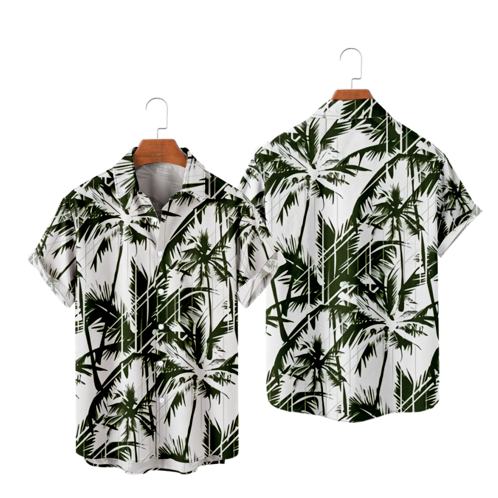 Green Palm Tree Button Up Shirt Short Sleeves Summer Tops Straight Collar 