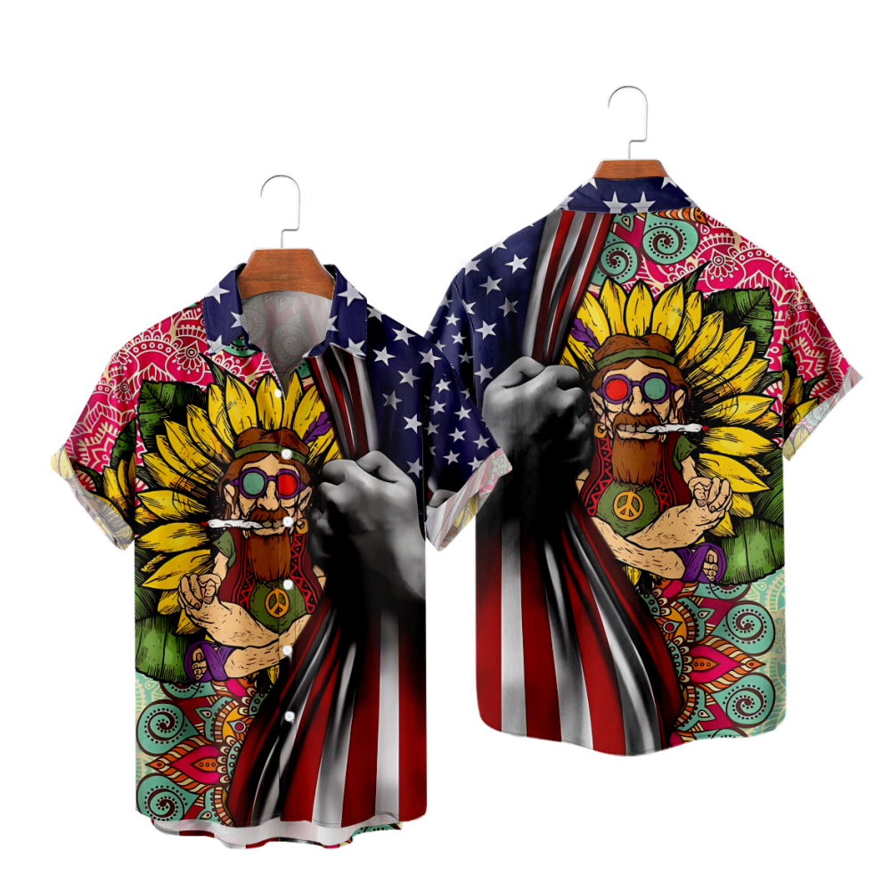 American Flag Button Up Shirt Short Sleeves Sunflower Straight Collar Shirt with Pockets