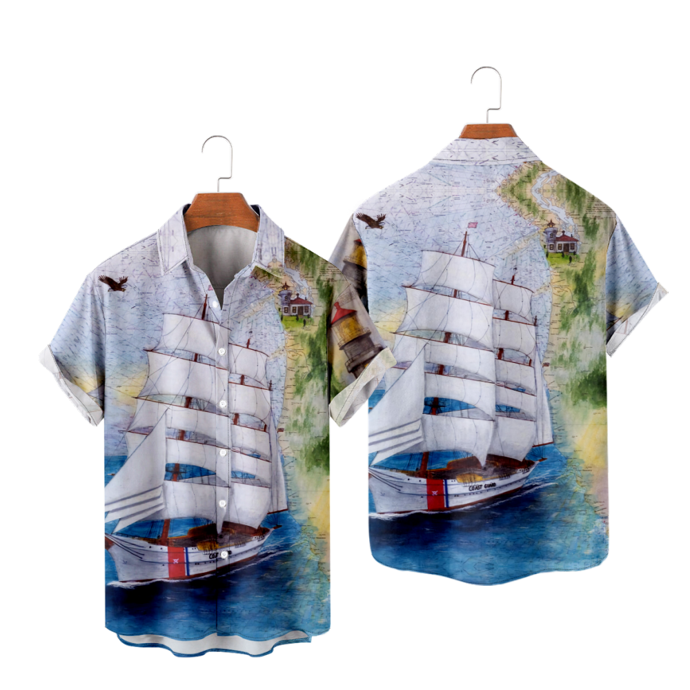 Sailboat Short Sleeves Summer Shirt Straight Collar Button Up Shirt with Pockets 