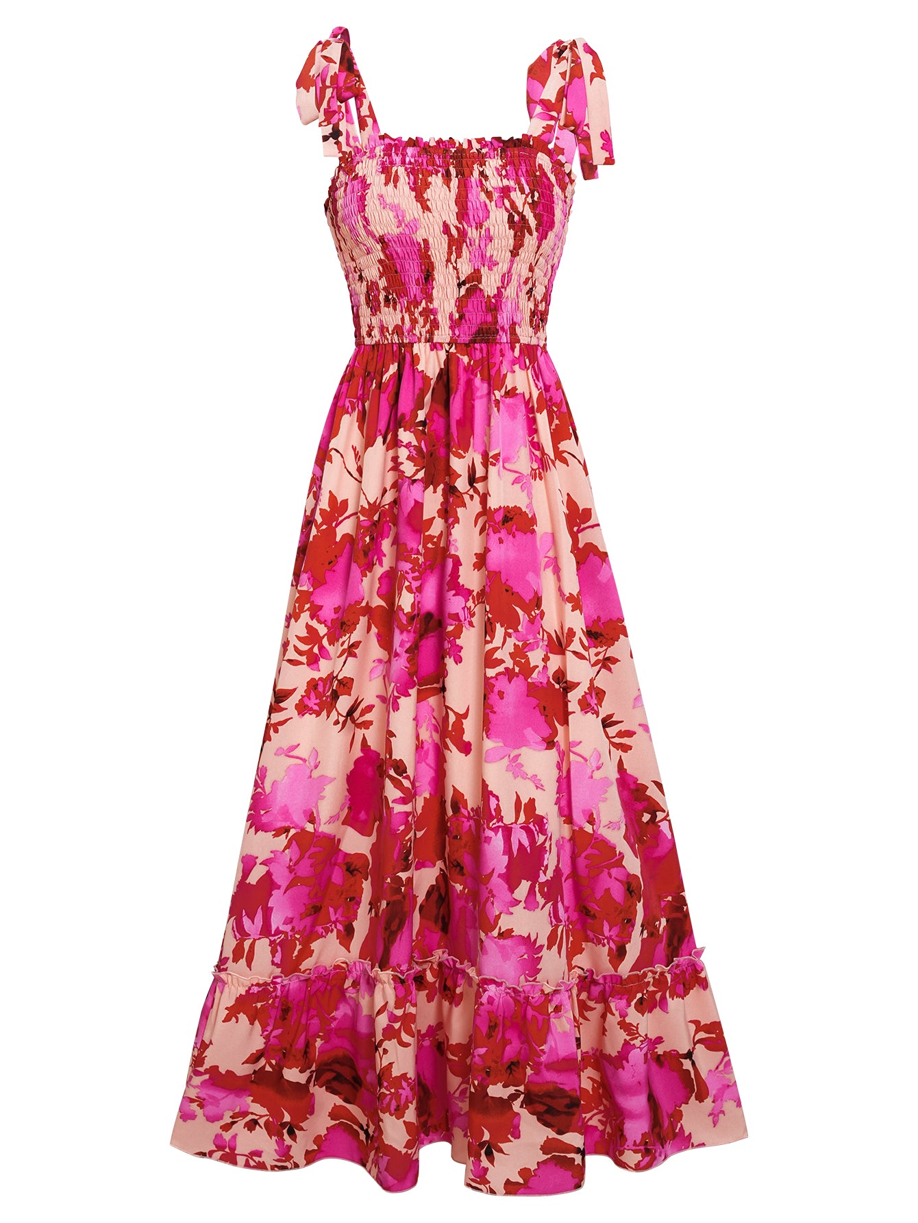 Women Floral Print Strap Sleeveless Long Dress Ruffle HEM