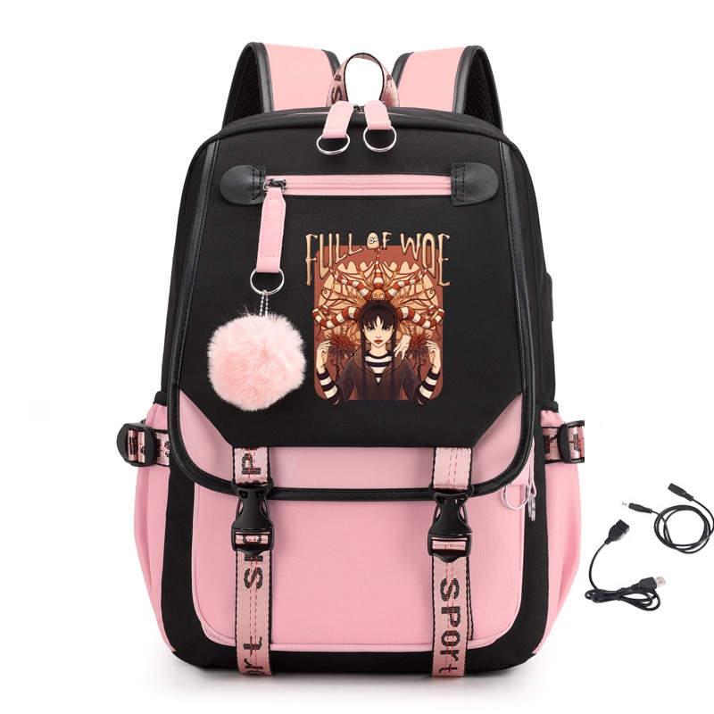 Wednesday Addams 17 inches Backpack with USB Charging Port Full of Woe Graphic Print