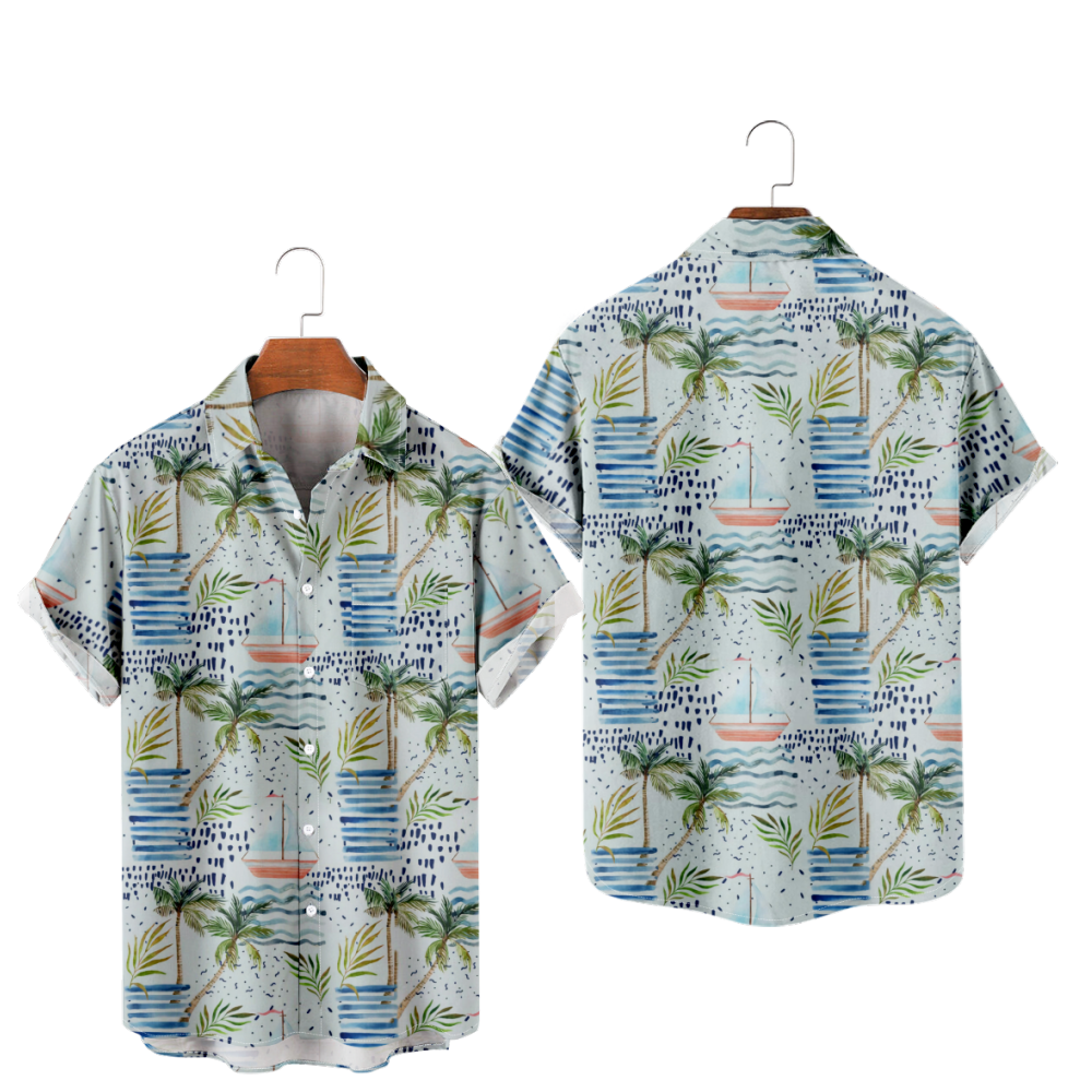 Hawaiian Button Up Shirt uhoodie Palm Tree Short Sleeves Shirt Straight Collar 