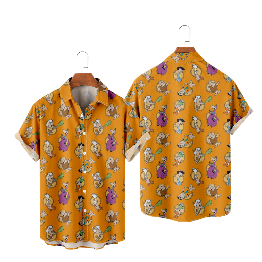 Cute Cartoon Button Up Shirt Short Sleeves Summer Orange Tops Straight Collar 