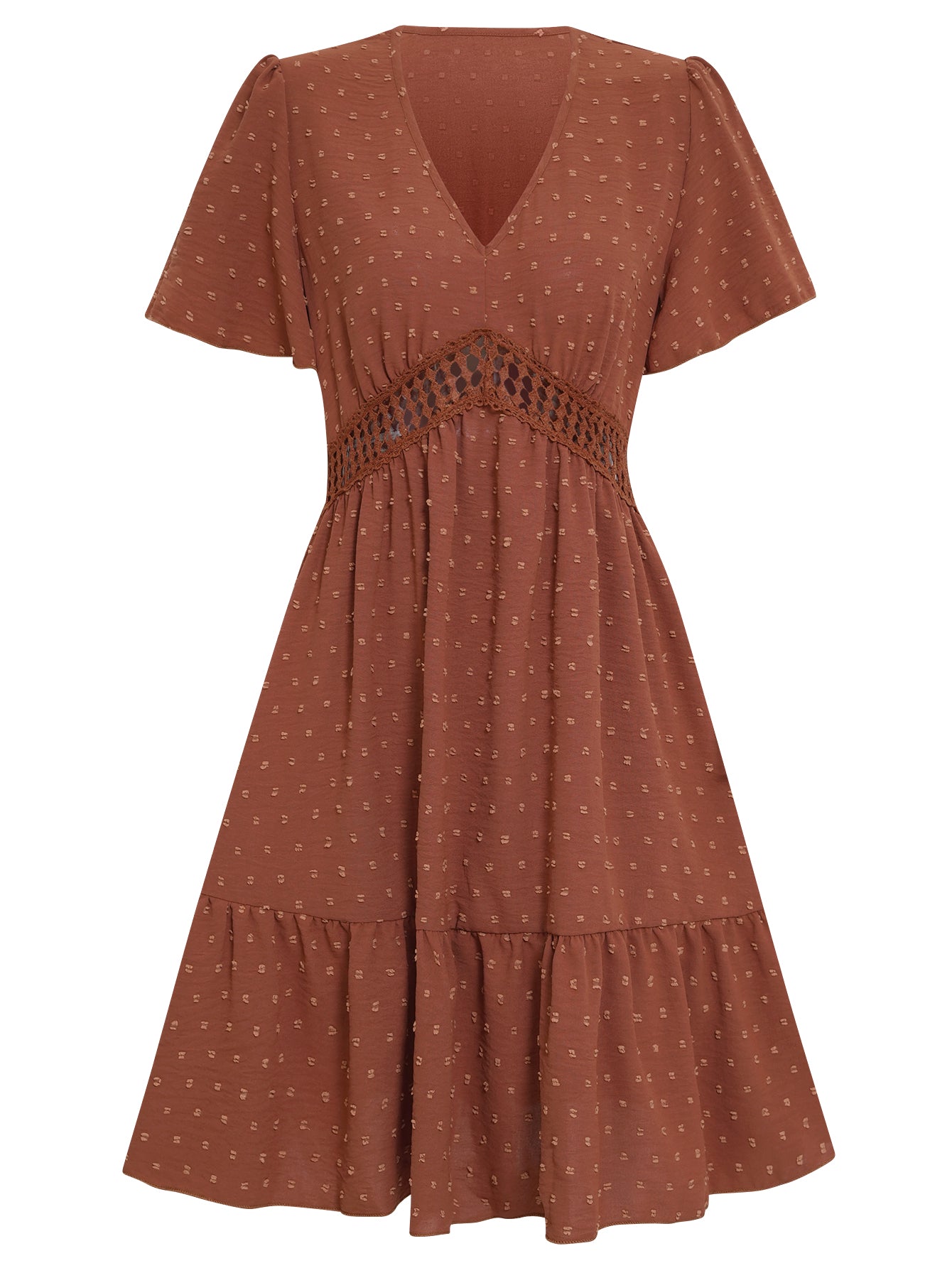 Women Swiss Dot Lace Waist Short Sleeves Dress V Neck Layered HEM