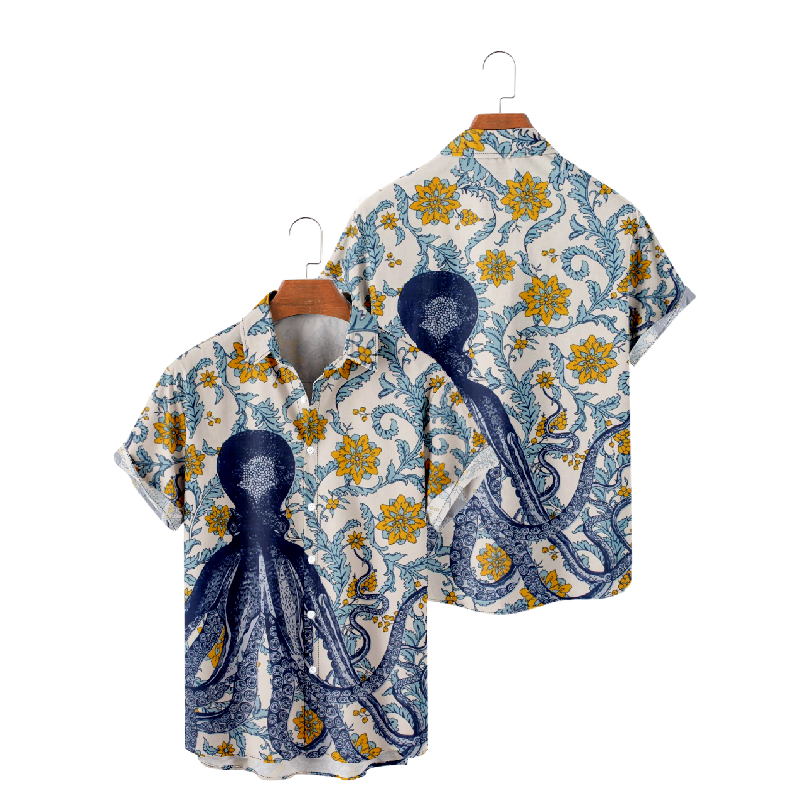 Octopus and Flower Print Hawaiian Shirt Button Up Short Sleeve Summer Tops uhoodie 