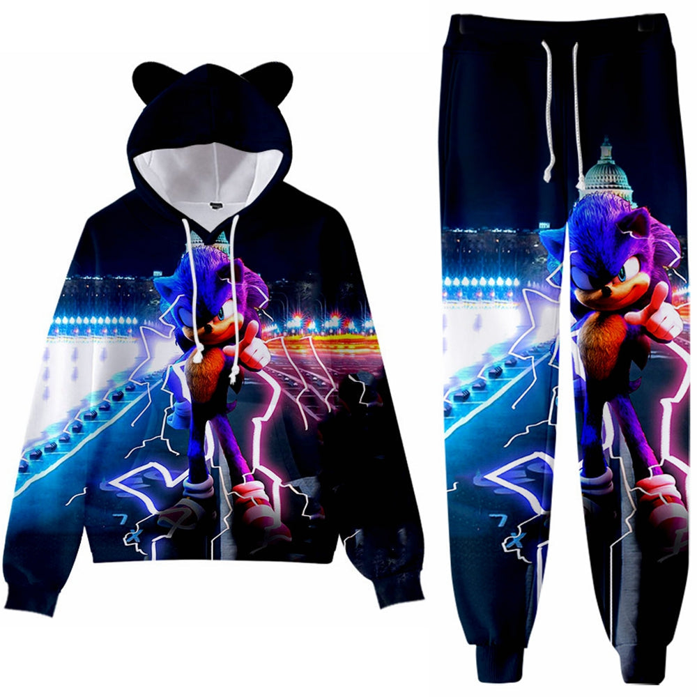 Unisex Sonic Cat Ear Hoodie and Pants Sonic The Hedgedog Outfit Two Pieces Ideal Gift