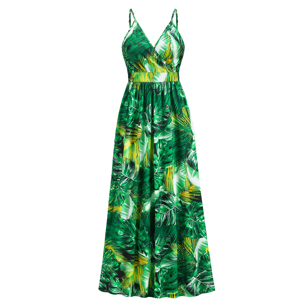 Women Plantain Long Dress Sleeveless V-Neckline High Waist Crisp Summer Dress