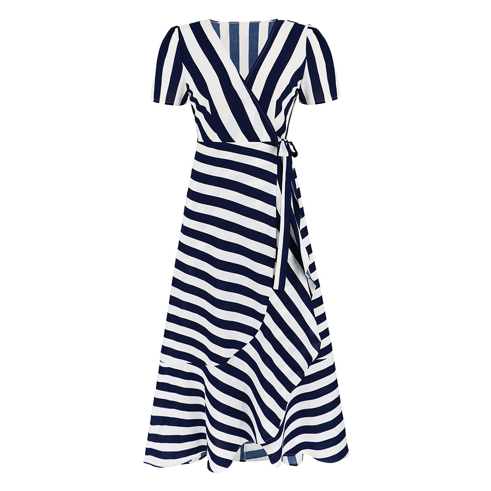 Women Short Sleeve Striped Long Dress V-Neckline Wrap Dress Ruffled