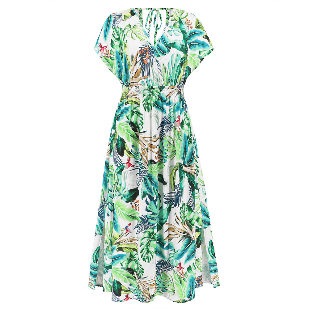 Women Tropical Sundress Short Sleeves Maxi Dress V-Neckline