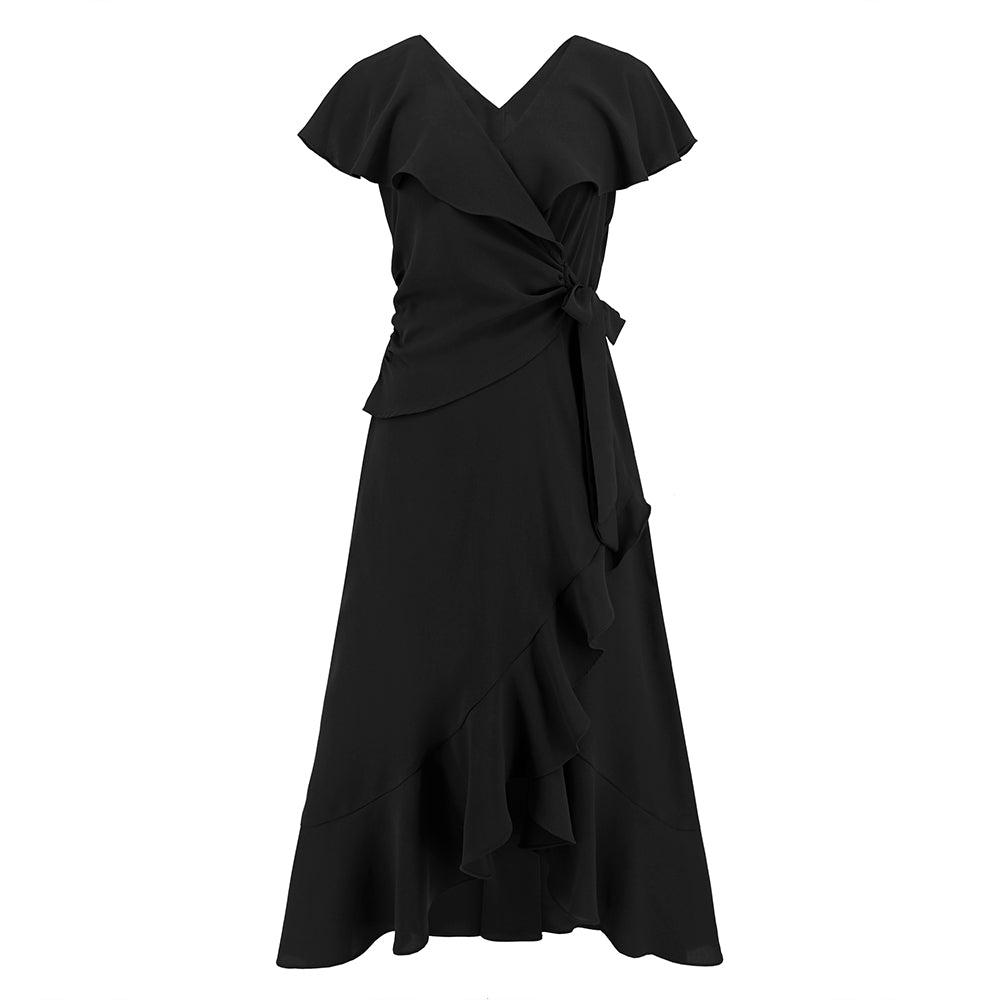 Women Asymmetrical Hem Dress V-Neckline Front Wrap Dress
