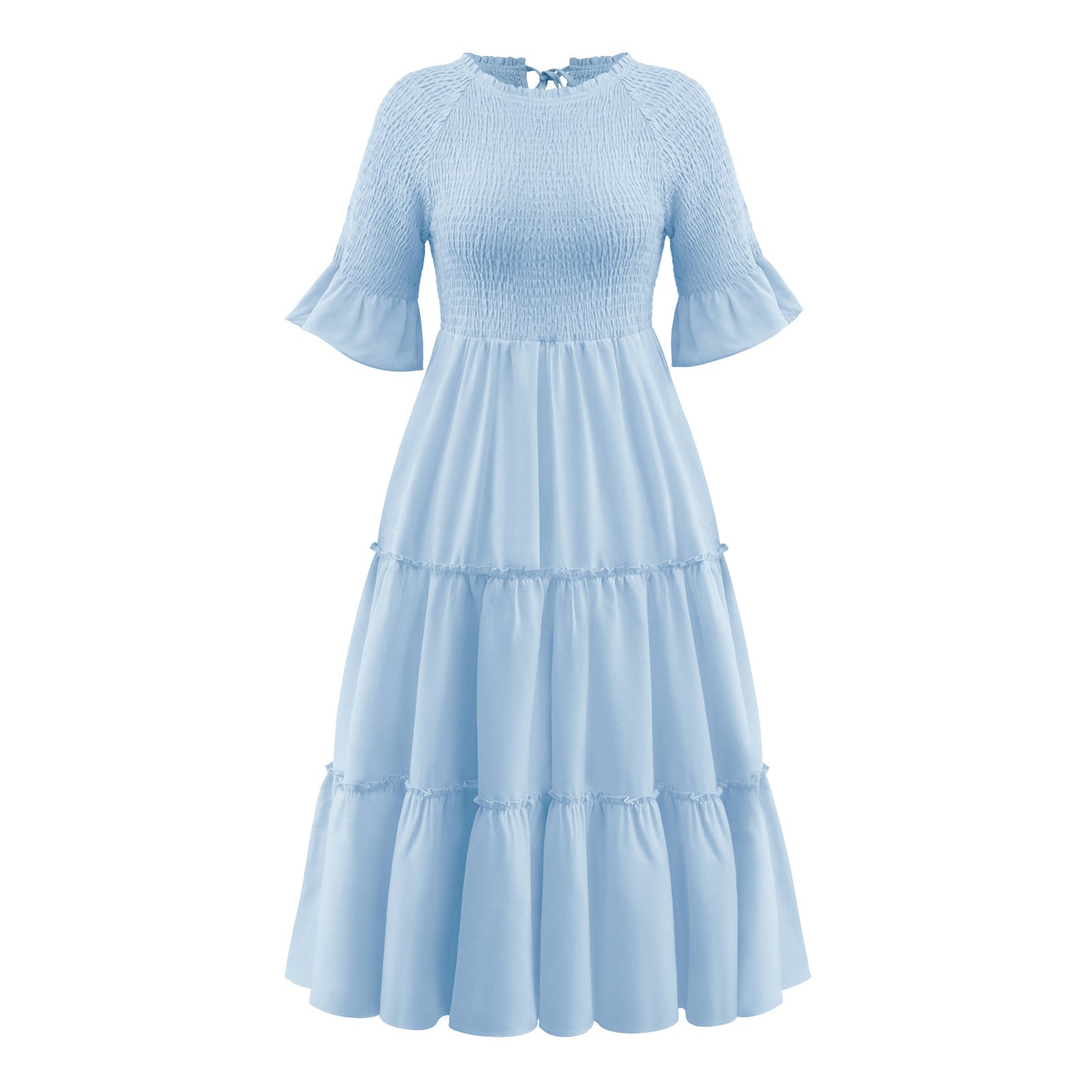 Women Bell Sleeve Long Dress Ruffle HEM Half Sleeve Solid Color