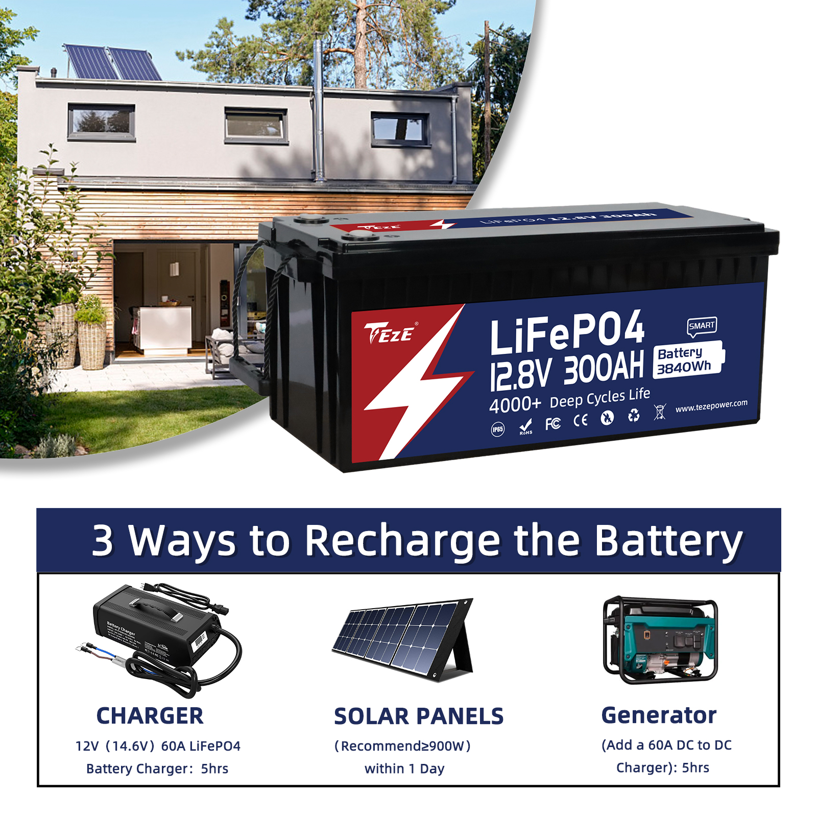 New-TezePower 12V 300Ah LiFePO4 Battery with RS485/RS232/CAN Communication Ports, WiFi and Bluetooth, Self-heating and Active Balancer, Built-in Smart 200A Daly BMS(WiFi External Version)-TezePower