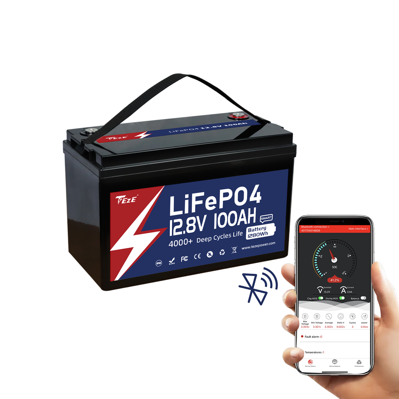 TezePower 12V 100Ah LiFePO4 Battery with Bluetooth, Self-heating and Active  Balancer, Built-in 100A Daly BMS(Bluetooth Built-in Version)