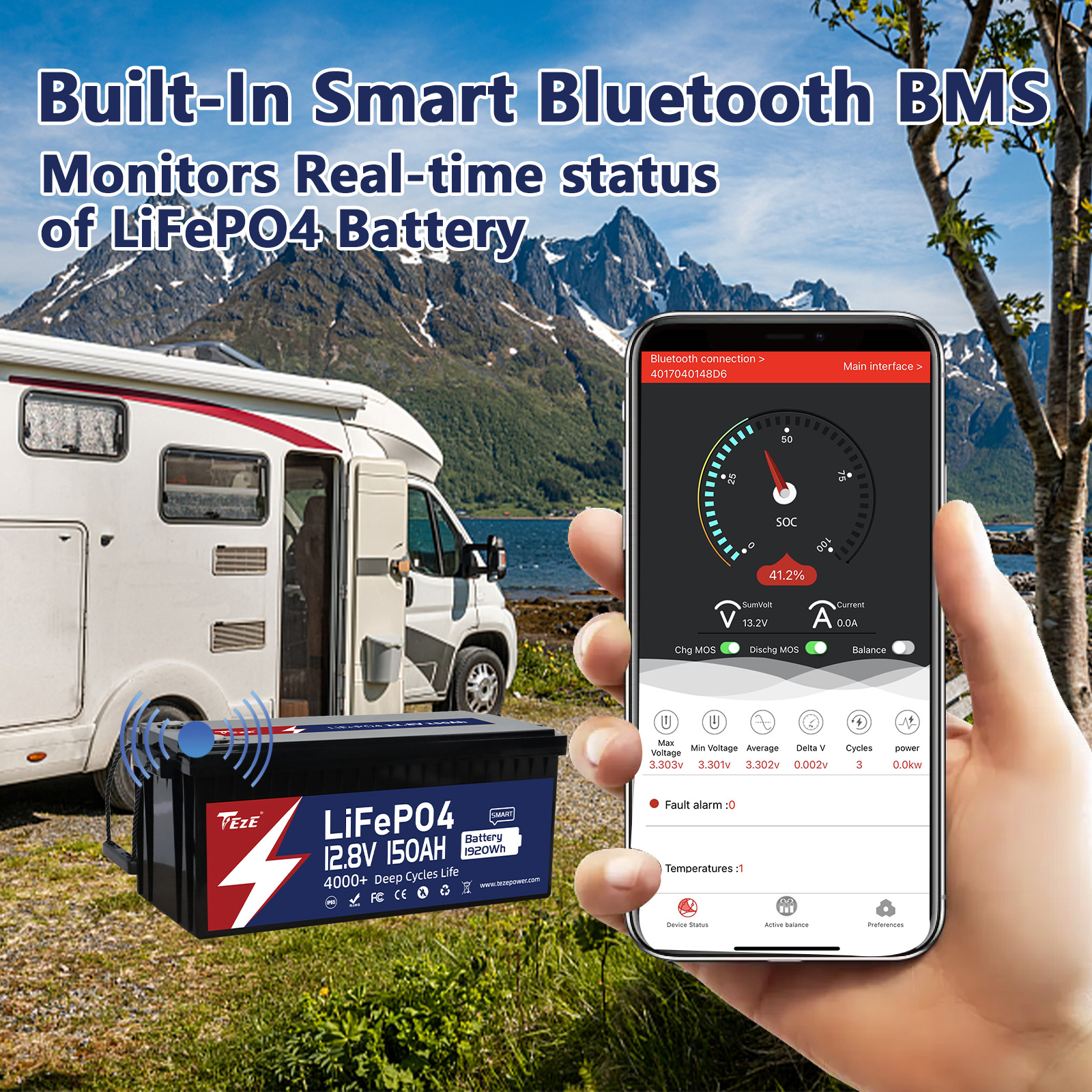 New Add WiFi-TezePower 12V 150Ah LiFePO4 Battery with WiFi and Bluetooth, Self-heating and Active Balancer, Built-in Smart 150A Daly BMS(WiFi External Version)-TezePower