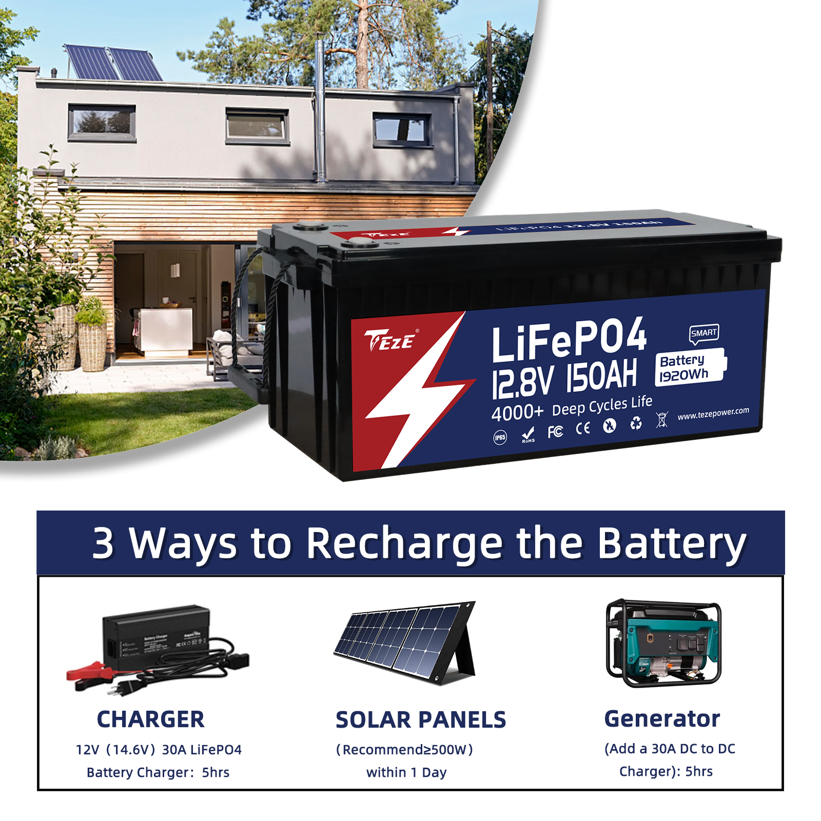 New Add WiFi-TezePower 12V 150Ah LiFePO4 Battery with WiFi and Bluetooth, Self-heating and Active Balancer, Built-in Smart 150A Daly BMS(WiFi External Version)-TezePower