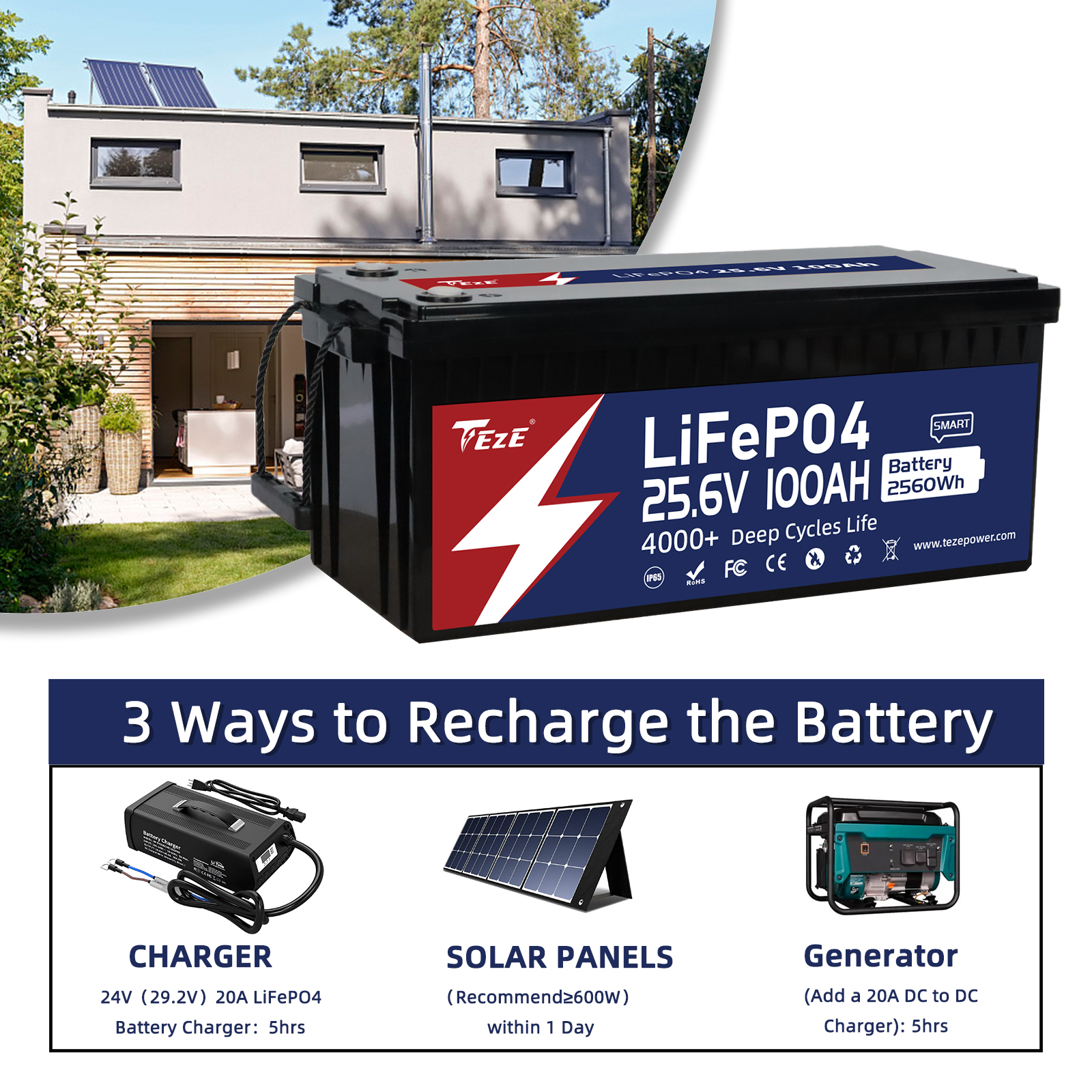 TezePower 24V 100Ah LiFePO4 Battery with Bluetooth, Self-heating and Active Balancer, Built-in Smart 100A Daly BMS(Bluetooth Built-in Version)-TezePower