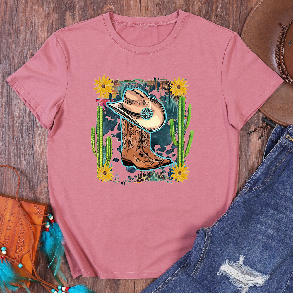 Western Cowboy Style Cactus Boots Cowboy Hat Graphic Print T-Shirt Tee