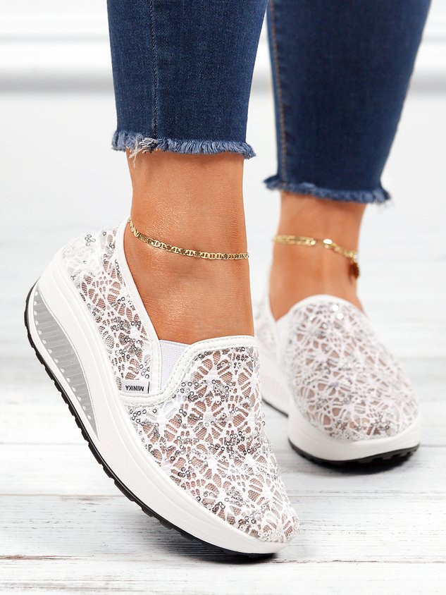 Breathable Contrast Sequin Lace Slipon Platform Sneakers