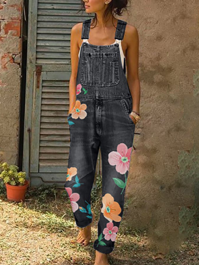 🌸HOT SALE🌸Printed Washed Denim Overalls Trousers