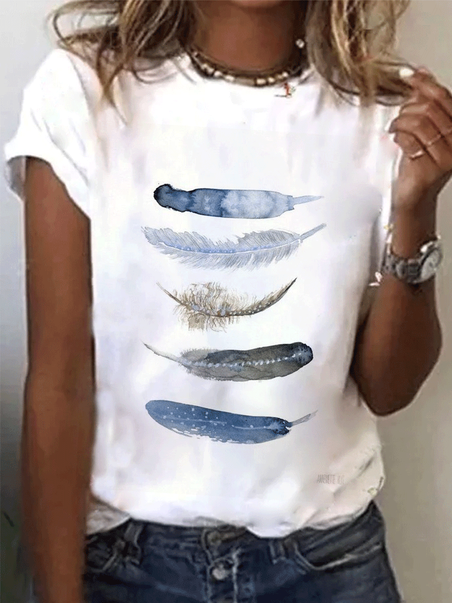 Fashion Feather Print Round Neck Short Sleeve Casual T-shirt