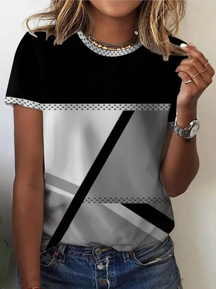 Round Neck Casual Loose Geometric Print Short-sleeved T-shirt
