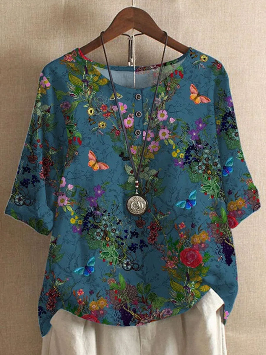 Round Neck Floral Print Casual Short-sleeved Blouse