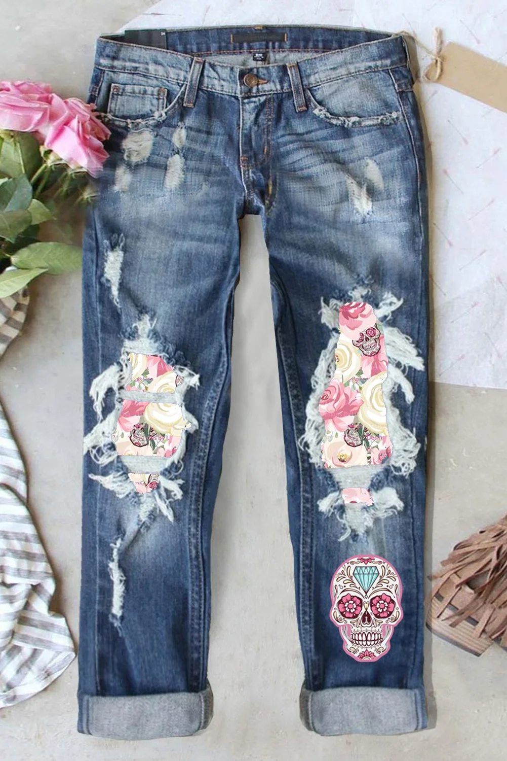 Floral Skull  Ripped Patchwork Jeans