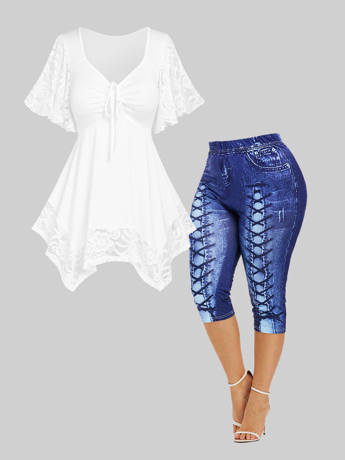 Lace Insert Flutter Sleeve T Shirt and 3D Lace Up Jean Print Capri Leggings Plus Size Summer Outfit