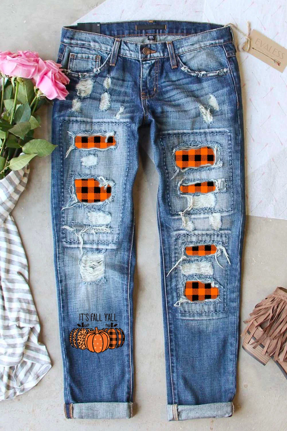 Fall Pumpkin Print Plaid Patches Distressed Denim Jeans